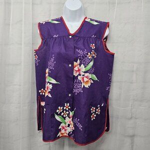 Vintage Purple Red Floral Tank Pearl Snap Retro Boho Hippie M